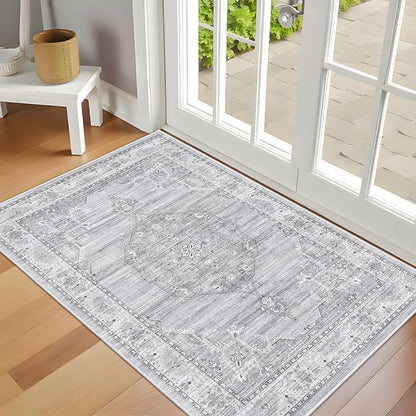 Washable Area Rugs 2x3 Entryway: Soft Ultra Thin Low Pile Mat Machine Washable Indoor Doormat Lightweight Entry Rug Anti Slip Backing Rugs for Living Room Bedroom Kitchen 2'x3' Light Grey