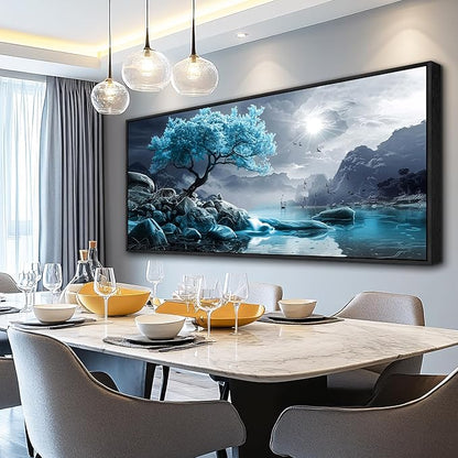 KELIYUAN Large Canvas Wall Decor Bedroom Blue Tree Landscape Wall Paintings Wall Art For Living Room Black And White Pictures Office Mural Framed Prints Artwork Modern Home Decor Aesthetics 32"X72"