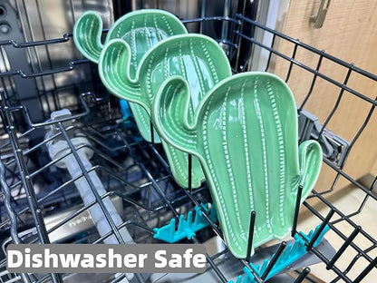 Ceramic Spoon Rest for Stove Top & Kitchen Counter Spoon Holder for Stove & Cooking Spoon Holder for Ladle Cute Coffee Spoon Rest Utensil Rest Spatula Rest, Green Cactus Kitchen Decor & Accessories