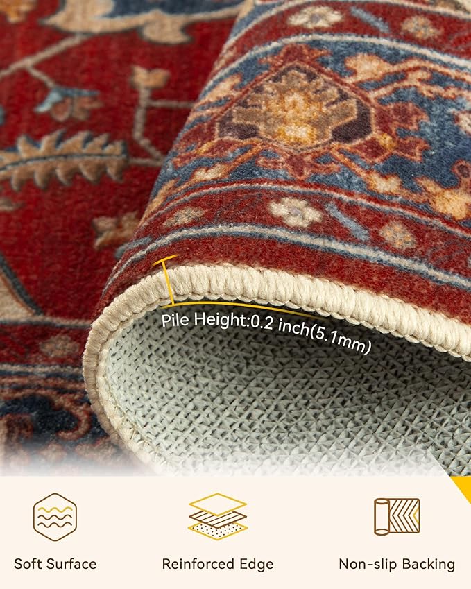 RELEANY Area Rugs Round 6ft Washable Non-Slip, Floral Vintage Distress Print Pattern Medallion Carpet for Living Room Bedroom Dining Room, Red Blue
