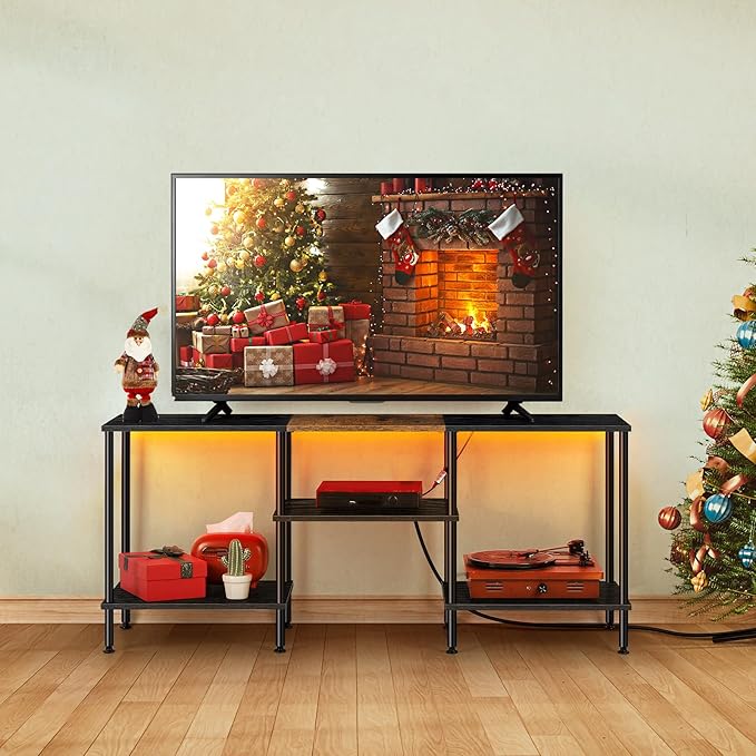 LED TV Stand for Bedroom Black 50 Inch TV Stand with Power Outlet, 3 Tier Small Entertainment Center with Storage Farmhouse TV Media Console Table for 50 43 40 32 Inch TV