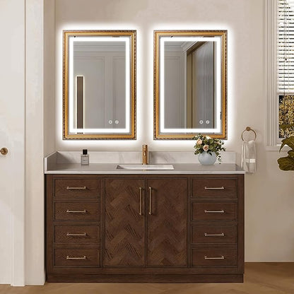 ROLOVE 23x35 Inch Gold Vintage Mirror for Wall Decor, Ornate Baroque Waterproof Frame, Antique Wall Mirror with Lights, Anti-Fog, Plug-in/Hardwired, Rectangle LED Mirror for Bathroom Vanity, Entryway