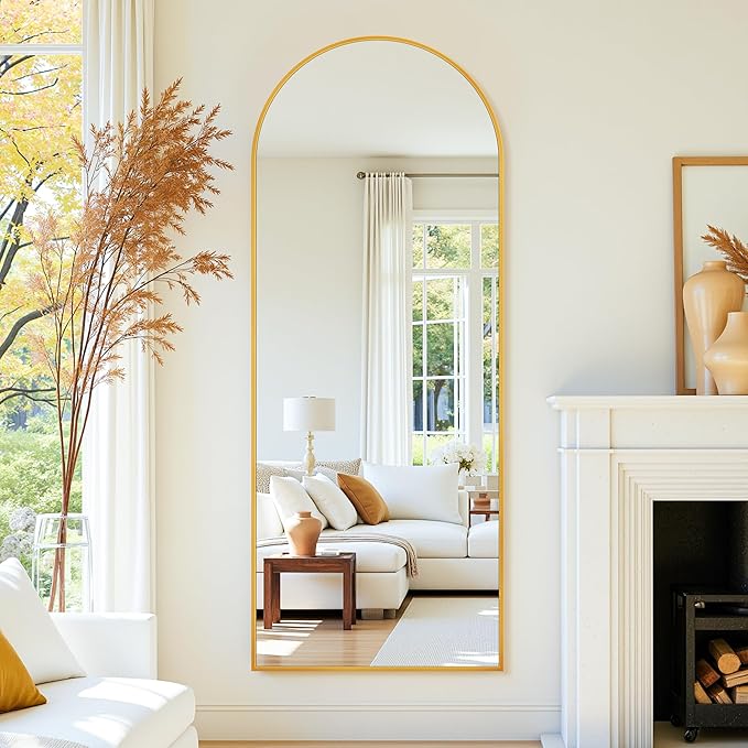 58"×18" Arched Full Length Floor Mirror, Standing Mirror with Aluminum Frame, Large Body Mirror of Free Standing/Wall Mount/Leaning for Bedroom, Living Room, Dressing Room, Gold
