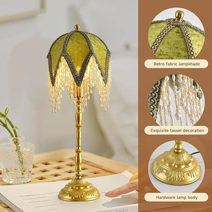 Vintage Tasselled Table Lamp with Beaded Shade, 3 Color Temperatures, Green and Gold, Victorian Style-C