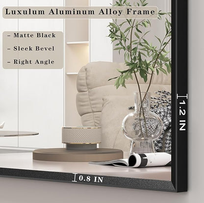 55" x 36" Matte Black Bathroom Mirror for Wall, Rectangular Beveled Vanity Mirror with Aluminum Alloy Frame, Right Angle Corner, HD Reflection, Horizontal or Vertical Mount