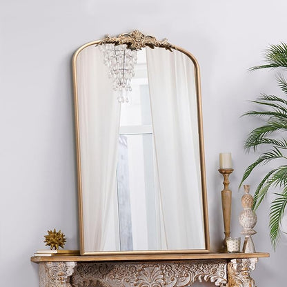 Besdomus Vintage Gold Wall Mirror: 24"x42" French Large Arch Champagne Gold Antique Wall Mounted Mirror - Traditional Ornate Home Decor for Entryway/Fireplace/Bathroom - Baroque Idea for Housewife