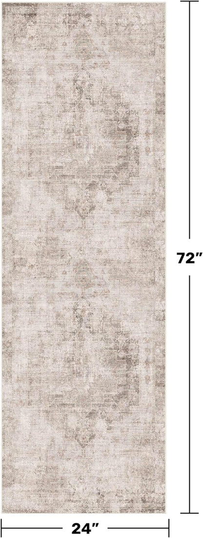 Hazo Haus 2x6 Washable Bathroom Runner Rug, Non Slip Low Pile Runner with Rubber Backing for Hallway, Kitchen and Entryway, Beige Tan Modern Farmhouse Home Decor