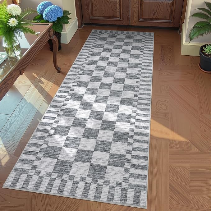 GarveeHome 2×6 Kitchen Runner Rug Non Slip,Grey Checkered Rug, Washable Runner Rug for Hallway Soft Low-Pile Geometric Modern Rugs for Entryway