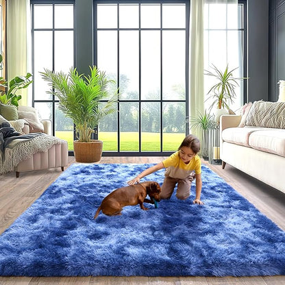 Extra Large 9x12 Feet Fuzzy Rug Fluffy Rug for Living Room, Big Plush Non-Skid Shag Carpet, Soft Shaggy Purple Gray Rugs for Bedroom Indoor Modern Home Decor Tie Dye Blue