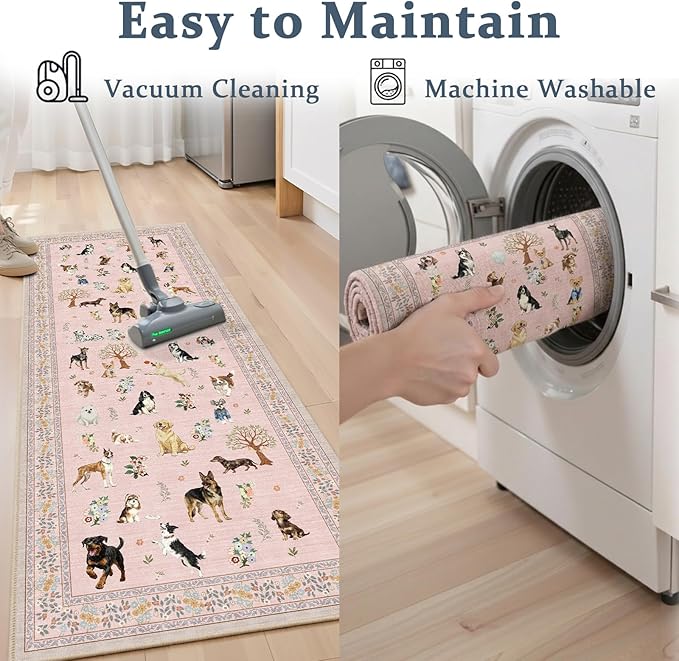 Floral Dog Runner Rug Pink Carpet Non-Slip, 2x10 Washable Rug Ultra-Thin Soft for Hallways, Kitchen Mat Stain Resistant for Entryway Bathroom (2 x 10, Pink)