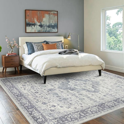 Rugxara 5X7 Washable Area Rug for Living Room, Vintage Large Boho Rugs for Office, Dining Room, Kids Room, Farmhouse, Durable Low Pile Non Slip Carpet for High Traffic Areas, Blue Quartz