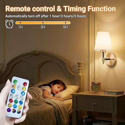 Nekhung Battery Operated Wall Sconces Set of 2, Wireless Wall Light with 10000mAh RGB Dimmable Magnetic Bulb, Rechargeable Wall Sconce with Remote Control for Bedroom Living Room