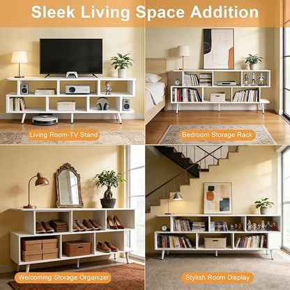 Lightdot 65 Inch TV Stand, up to 75 Inch TVs, Large Storage for Collection with 8 Open Shelves, Sturdy Media Console Table for Living Room/Entrance/Kitchen/Sofa Cabinet, Easy Assembly, White