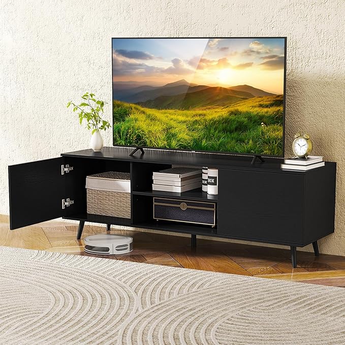 Tangkula TV Stand for 60" TVs, Entertainment Center w/Power Outlets, Mid Century Modern Media TV Console Table w/Adjustable Shelf, 2 Cabinets & Metal Support Legs for Living Room (Black)