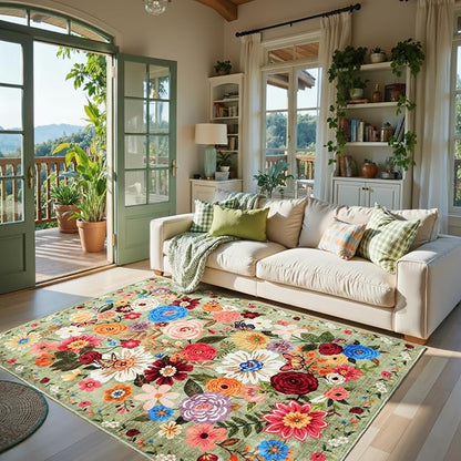 Green Living Room Rugs, Area Rugs 5x7 for Bedroom Ultra-Thin Soft, Non-Slip Washable Stain Resistant Boho Low-Pile Throw Rug for Dining Room Office (5 x 7, Green Garden)