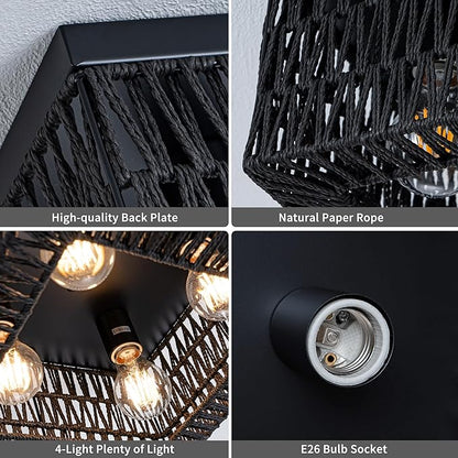 Rpzloila Black Rattan Ceiling Light, 4-Light Boho Light Fixture, Square Flush Mount Ceiling Light for Bedroom, Hallway, Entryway, Kitchen, Living Room