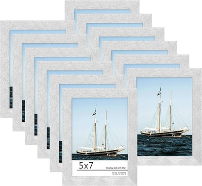 Picrit 5x7 Picture Frame Set of 12, Display 4x6 with Mat or 5x7 without Mat, Photo Frames for Wall Mounting or Table Top Display, Silver