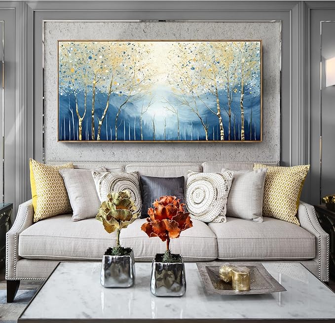 Extra Framed Modern Living Room Wall Art. Abstract Landscape Canvas Print Picture, Blue And Yellow Plant And Forest Artwork For Offices, Studies, Bedrooms, Dining Rooms, And Lounges. 58X29 Inches.