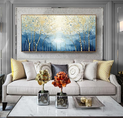 Extra Framed Modern Living Room Wall Art. Abstract Landscape Canvas Print Picture, Blue And Yellow Plant And Forest Artwork For Offices, Studies, Bedrooms, Dining Rooms, And Lounges. 58X29 Inches.