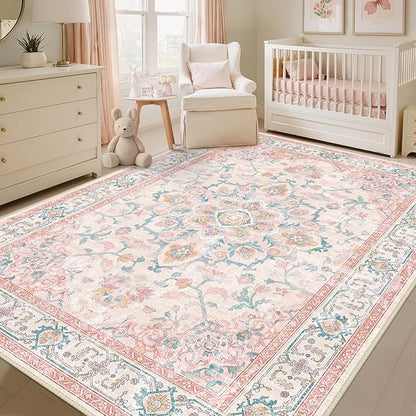 CAPALOCA Machine Washable Rugs Nursery Rug 7x9 Cute Girl Non Slip Low Pile Water Repellent Soft Print Pattern for Bedroom Indoor Decor Kids Playroom Pink Teal
