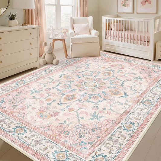 CAPALOCA Machine Washable Rugs Nursery Rug 6x9 Cute Girl Non Slip Low Pile Water Repellent Soft Print Pattern for Bedroom Indoor Decor Kids Playroom Pink Teal