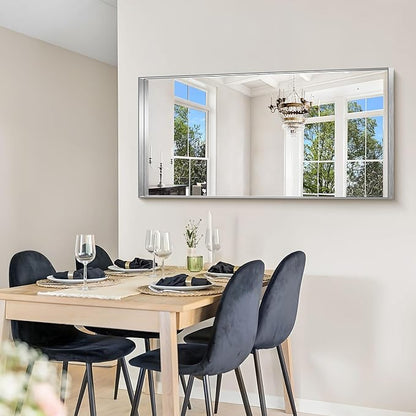 CIRCUMI Silver Bathroom Mirror, 24"x48" Rectangular Mirror with Deep Metal Frame, Brushed Finish, Tempered Glass, Large Mirror for Wall, Over 2 Sinks, Installed Vertically/Horizontally, Crystal-Clear