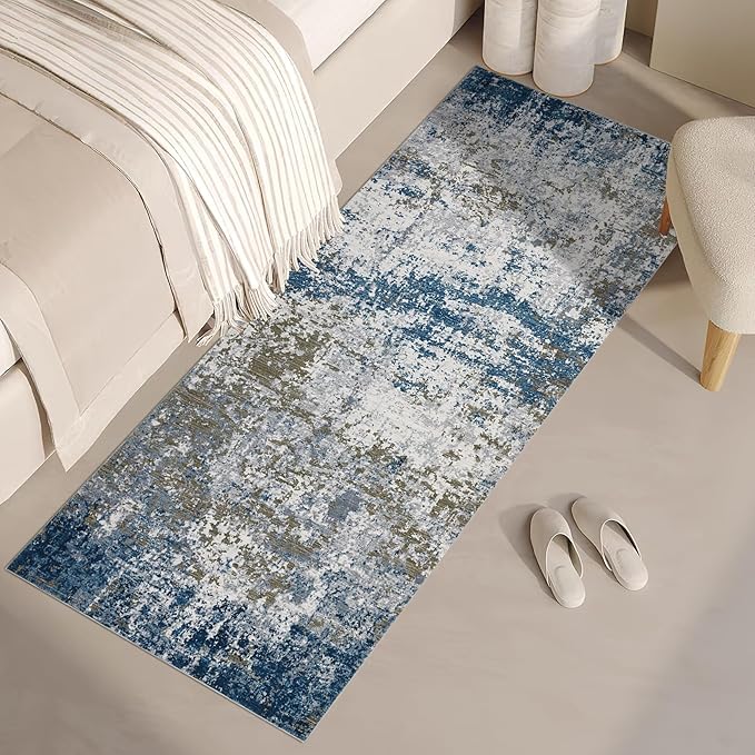 ROYHOME Modern Abstract 2x7 Runner Rug Washable Non Slip Stain Resistant Rug for Hallway Kitchen Bedroom Non Shedding Low Pile Indoor Floor Cover,Navy
