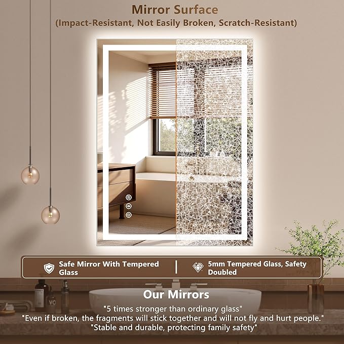 28x36 Inch LED Lighted Bathroom Mirror - Anti-Fog Vanity Mirror with Dimmable Front & Backlit, 3 Color Temp, Smart Memory - Shatterproof HD Glass, IP54 Waterproof Wall Mounted for Makeup Shaving