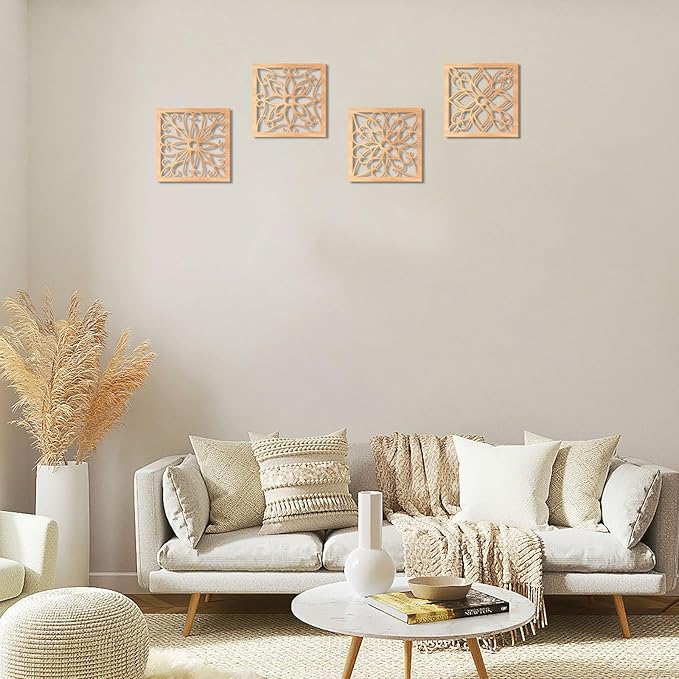 KOYILTD 4 Pieces Thicken Rustic Wall Decor,Flower Carved Wall Art,Wooden Hollow Carved Design (Square, 8.2in)