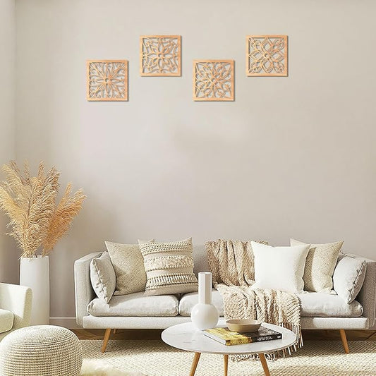 KOYILTD 4 Pieces Thicken Rustic Wall Decor,Flower Carved Wall Art,Wooden Hollow Carved Design (Square, 8.2in)