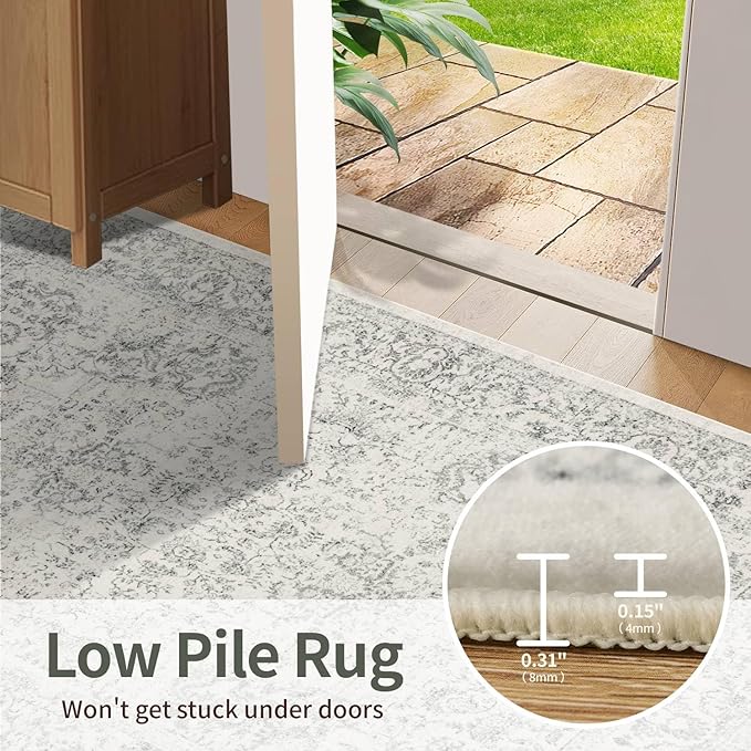 Rugxara 6x9 Washable Area Rug for Living Room, Neutral Vintage Large Boho Rugs for Office, Dining Room, Kids Room, Farmhouse, Durable Low Pile Non Slip Carpet for High Traffic Areas, Light Grey