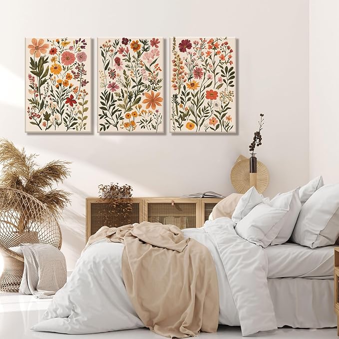 KISSFOX 3 Piece Boho Floral Canvas Wall Art For Bedroom Cottagecore Wild Flower Wall Art Colorful Nature Modern Botanical Art Prints For Nursery Living Room,12x16 in