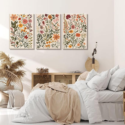 KISSFOX 3 Piece Boho Floral Canvas Wall Art For Bedroom Cottagecore Wild Flower Wall Art Colorful Nature Modern Botanical Art Prints For Nursery Living Room,12x16 in