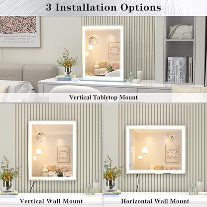 ANYHI Makeup Mirror with Lights, 24"x20.5" Lighted Vanity Mirror with 10X Magnifying, 3 Color Modes, Dimmable, Smart Touch Control, Memory Function, USB Charging Port, Tabletop/Wall Mount, Silver