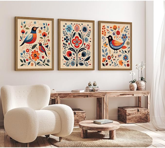 Scandinavian Folk Wall Art Nodic Flower Canvas Wall Decor Norwegian Wall Art Poster Swedish Antique Wall Decor Pictures Floral Bird Prints Vintage Poster for Home Kitchen 16x24x3 Inch Framed