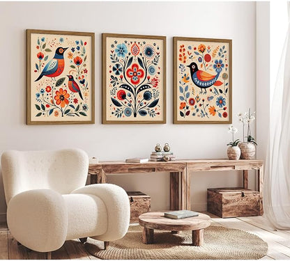 Scandinavian Folk Wall Art Nodic Flower Canvas Wall Decor Norwegian Wall Art Poster Swedish Antique Wall Decor Pictures Floral Bird Prints Vintage Poster for Home Kitchen 16x24x3 Inch Framed