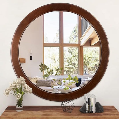 CULER Round Mirrors 30 Inch,Wood Vanity Wall Rustic Mirror with Walnut Frame, Wooden Mirror for Bathroom Bedroom Living Room Or Entryway(Walnut Brown)