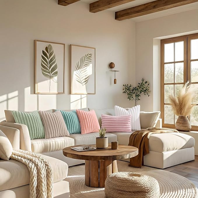 decorUhome Summer Cozy Faux Fur Throw Pillow Covers 26x26 Set of 2 Decorative Plush Striped Modern Farmhouse Boho Couch Euro Sham Pillow Cases with Velvet Back for Sofa Bed Living Room, Blush Pink