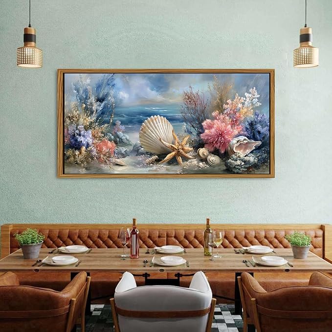 Ocean Beach Framed Wall Art Coastal Room Decor Rustic Starfish Seashell Landscape Picture Canvas Prints for Living Room Coral Flowers Decor Seaside Conch Poster Sea View Artwork Home Decoration 30x57.8"
