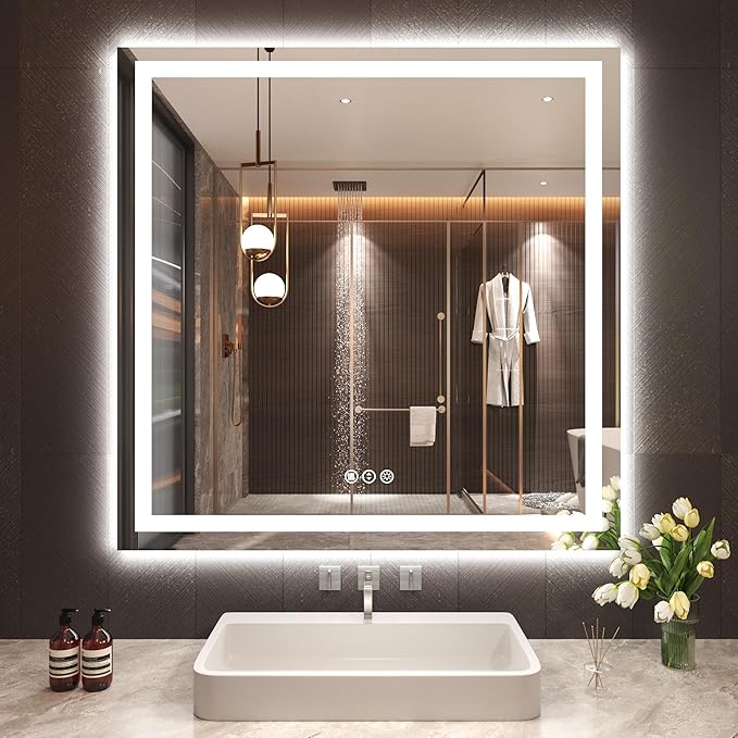 Snowdool 36"X36" LED Bathroom Mirror with Front Lights and Backlit, Anti-Fog, Dimmable, Shatter-Proof Tempered Glass, Lighted Bathroom Vanity Mirror for Wall with 3 Colors, Memory Function