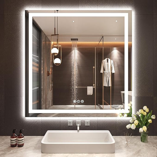 Snowdool 36"X36" LED Bathroom Mirror with Front Lights and Backlit, Anti-Fog, Dimmable, Shatter-Proof Tempered Glass, Lighted Bathroom Vanity Mirror for Wall with 3 Colors, Memory Function