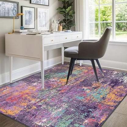 RELEANY Washable Area Rugs 9'x12' Non-Slip Modern Abstract Soft for Living Room Entryway Bedroom Nursery, Print Pattern, Purple Orange Blue Green Rust Red Colorful
