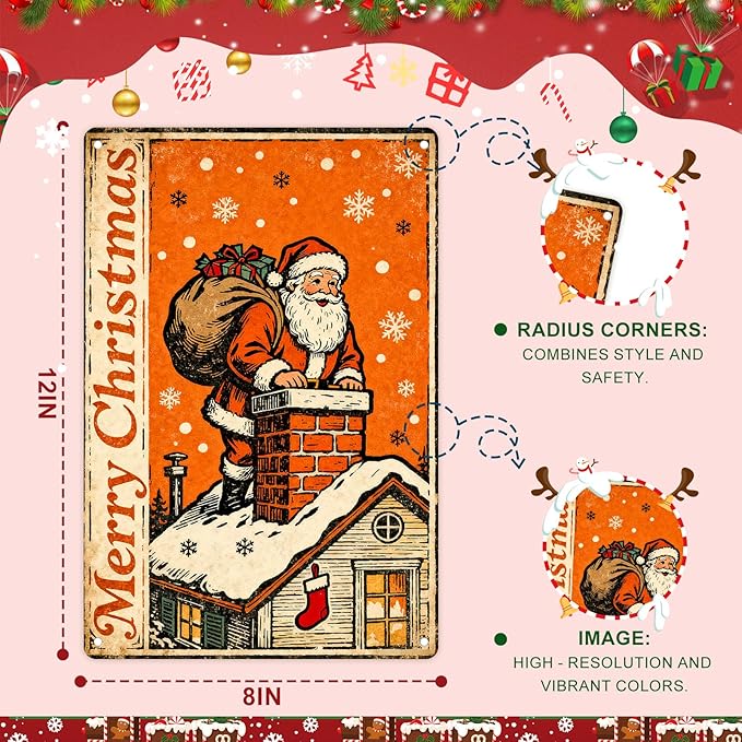 Christmas Decorations Metal Tin Sign For Indoor Outdoor 12x8 In Santa Climbing Chimney Sign With Snowflake & Stocking Man Cave Decor For Yard, Garage Wall, Rustic Vintage Bar Club Xmas Decoration.