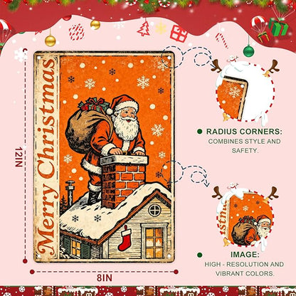 Christmas Decorations Metal Tin Sign For Indoor Outdoor 12x8 In Santa Climbing Chimney Sign With Snowflake & Stocking Man Cave Decor For Yard, Garage Wall, Rustic Vintage Bar Club Xmas Decoration.