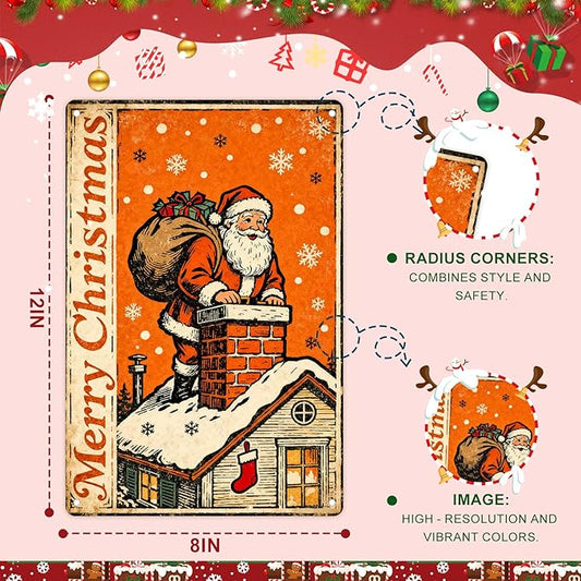 Christmas Decorations Metal Tin Sign For Indoor Outdoor 12x8 In Santa Climbing Chimney Sign With Snowflake & Stocking Man Cave Decor For Yard, Garage Wall, Rustic Vintage Bar Club Xmas Decoration.