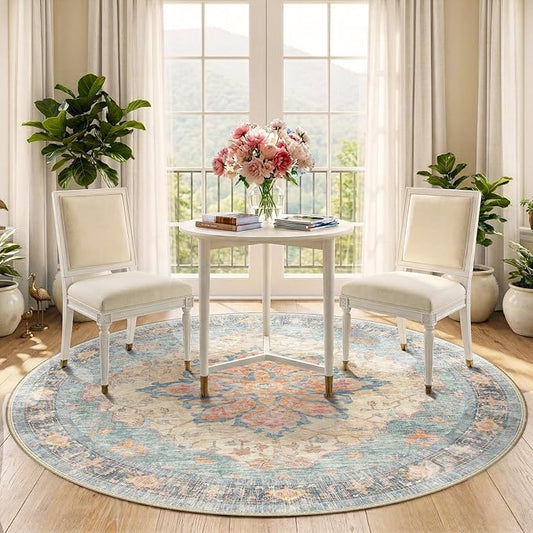 RELEANY Area Rugs Round 5ft Washable Non-Slip, Floral Vintage Distress Print Pattern Medallion Carpet for Living Room Bedroom Dining Room, Blue Orange Red