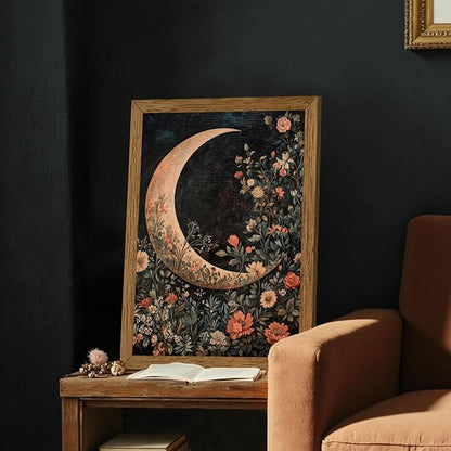 JLTULT Framed Vintage Floral and Moon Canvas Wall Art, Dark Mystical Celestial Floral Wall Decor, William Morris Gothic Prints Artwork for Bedroom Living Room Office Decoration 16x24 in Easy to Hang