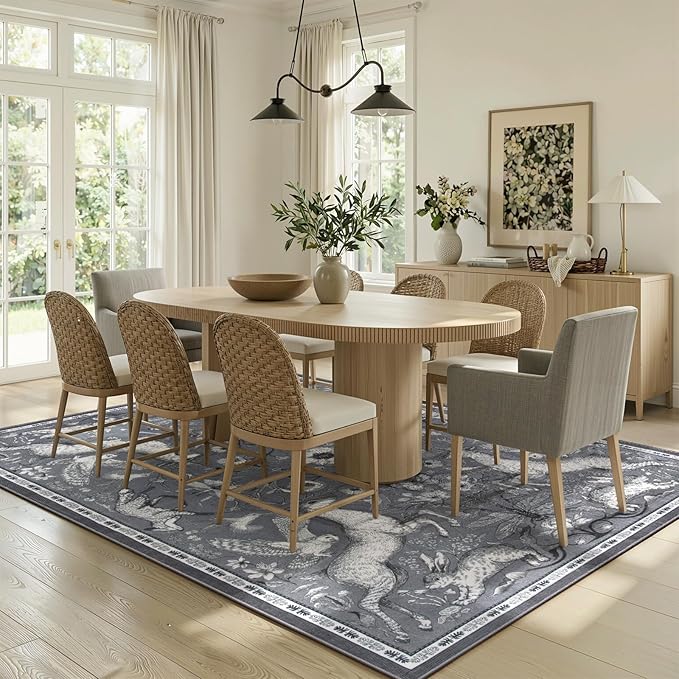 Lahome 8x10 Washable Deer Rug, Dorval Boho Woodland Vintage Area Rug, Non Slip Low Pile Large Grey Carpet for Living Room Bedroom Dining Room Kitchen Nursery Farmhouse Decor