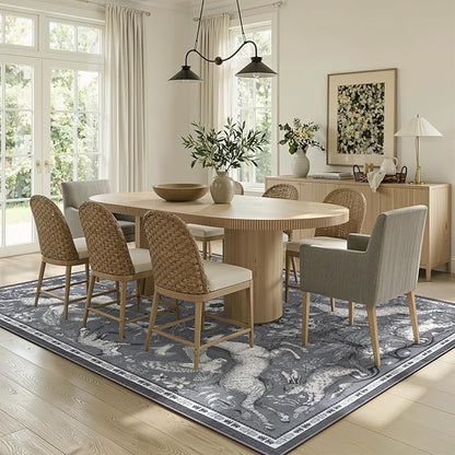 Lahome 8x10 Washable Deer Rug, Dorval Boho Woodland Vintage Area Rug, Non Slip Low Pile Large Grey Carpet for Living Room Bedroom Dining Room Kitchen Nursery Farmhouse Decor