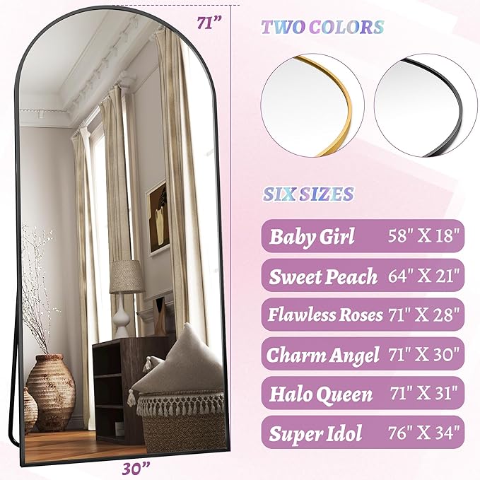 71"×32" Arched Full Length Floor Mirror, Standing Mirror with Aluminum Frame, Large Body Mirror of Free Standing/Wall Mount/Leaning for Bedroom, Living Room, Dressing Room, Black